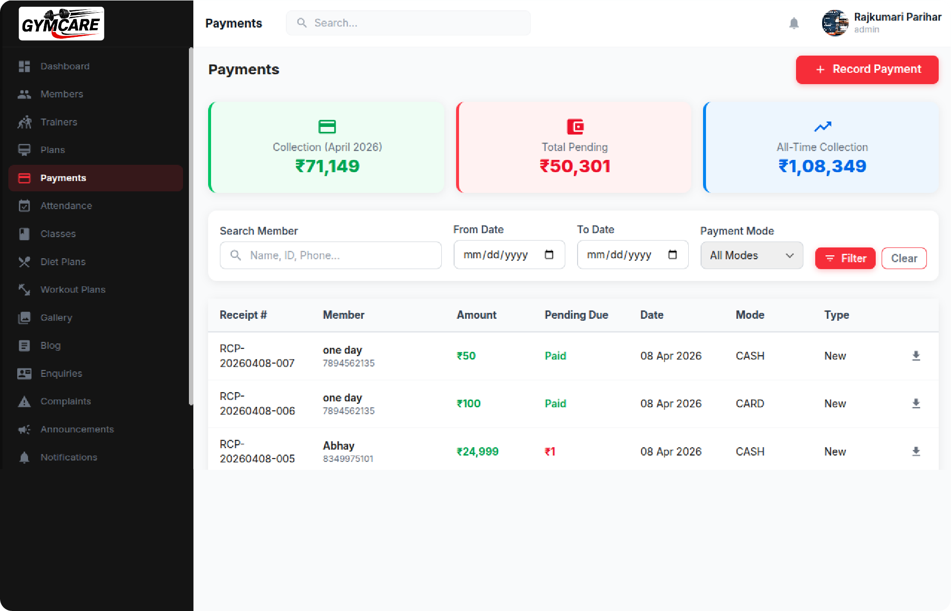 GymCare member management and membership plans screen