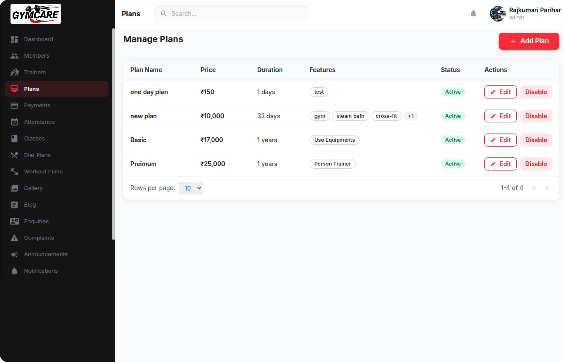 GYMCARE management workflow screen
