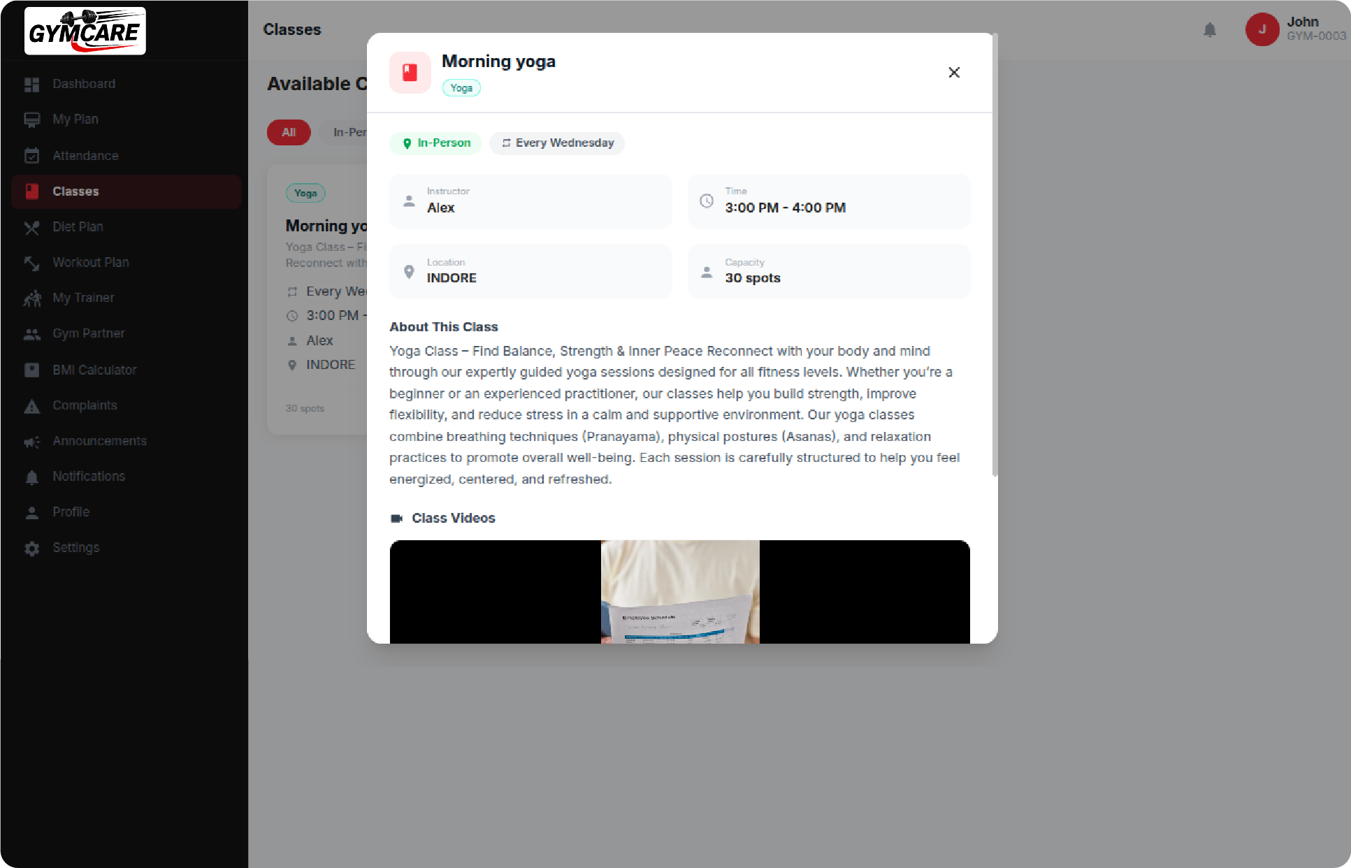 GymCare workout and diet plans screen