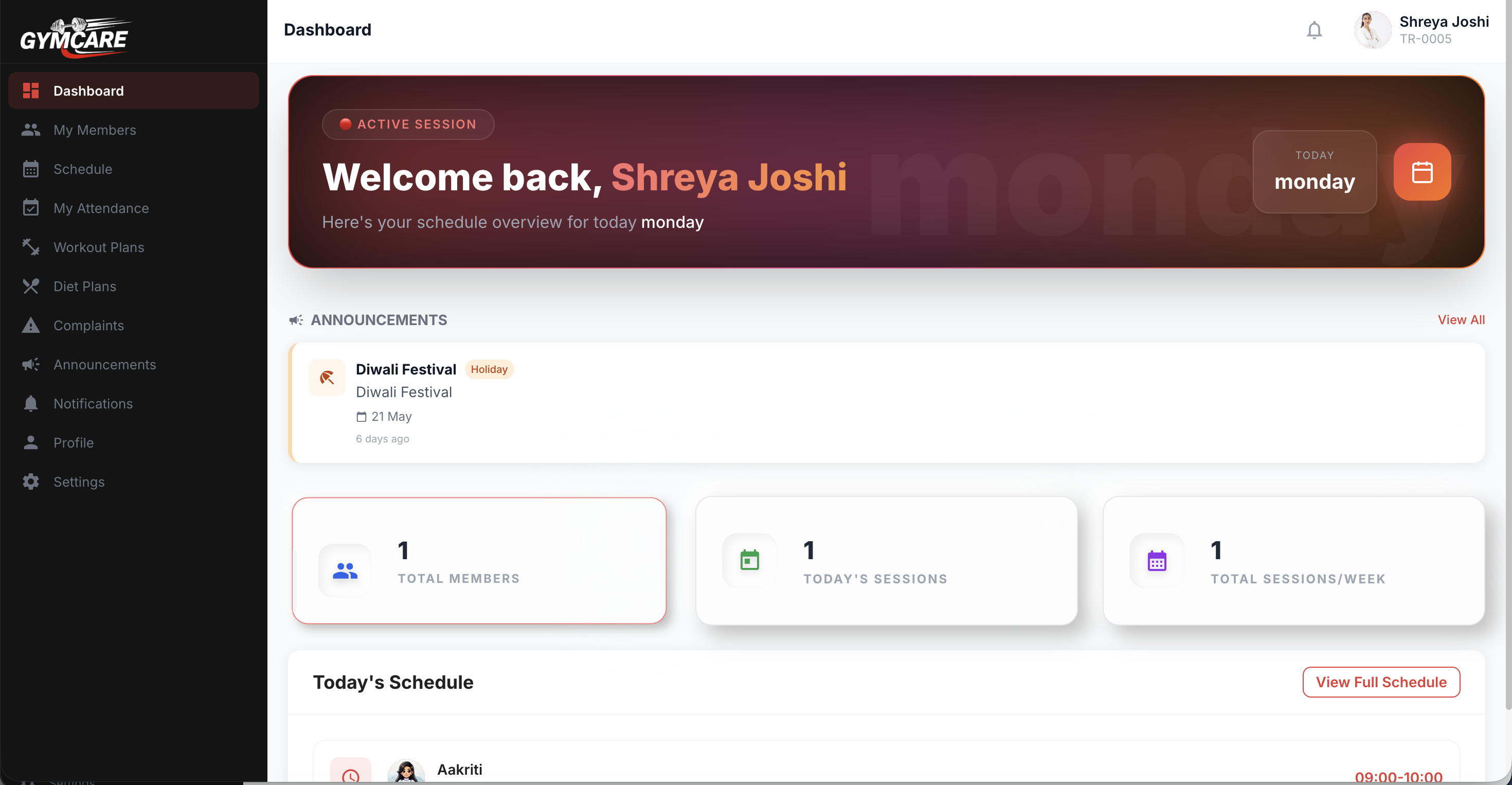 GymCare trainer dashboard for assigned members and coaching workflows