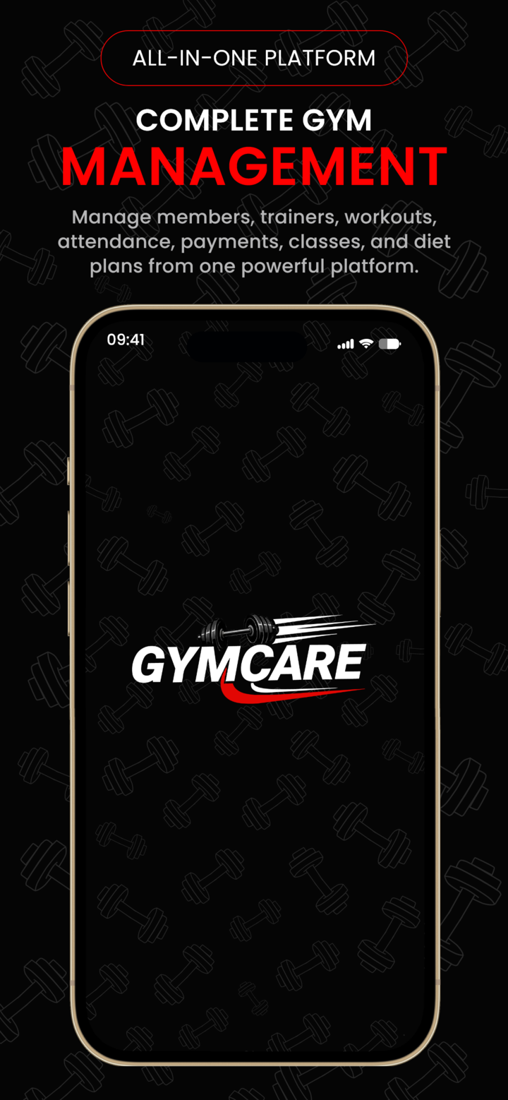 Animated GymCare mobile app walkthrough showing six product screens